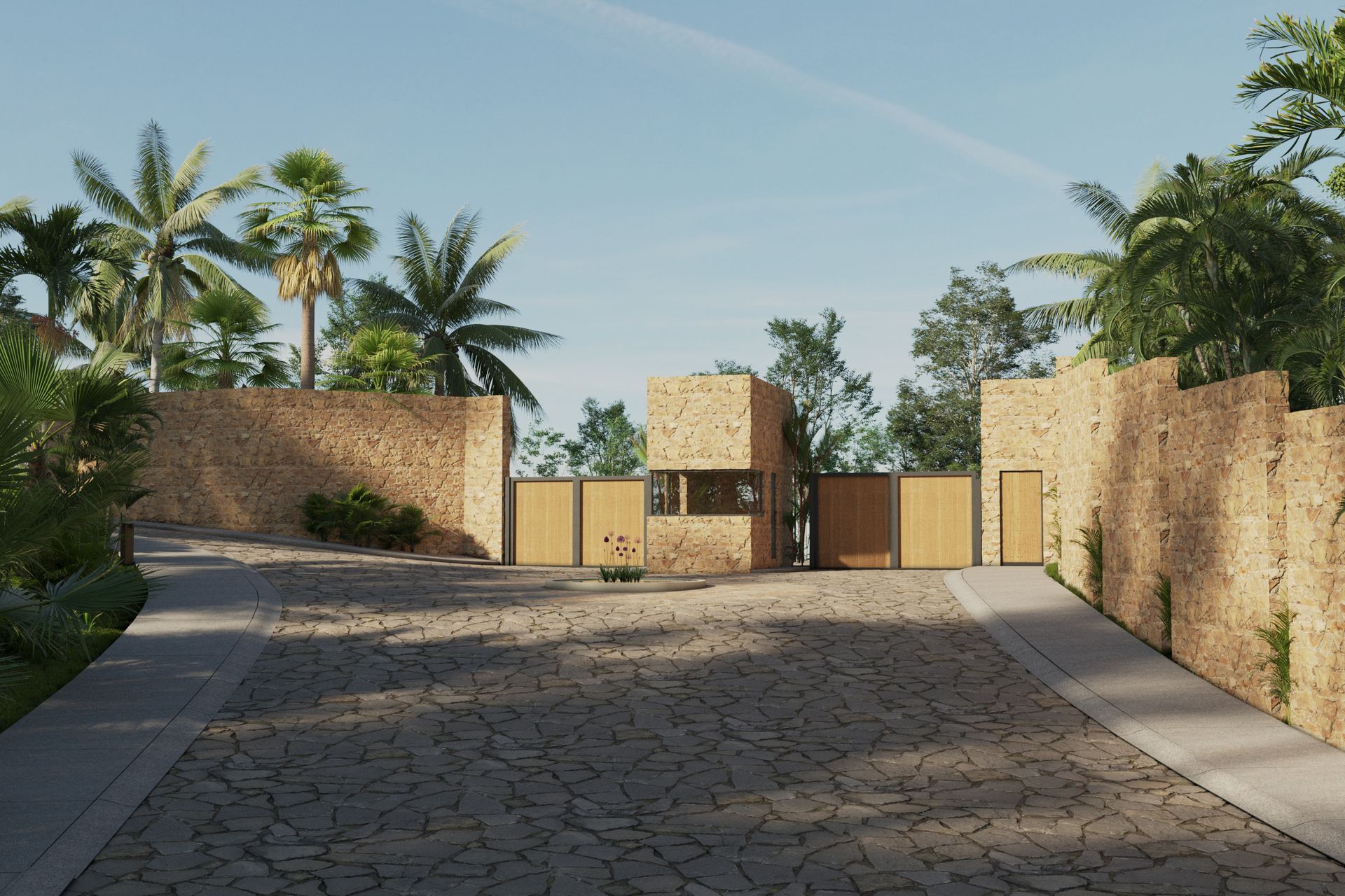 Render del ingreso de Higuera Residence con muros de piedra, portón de madera y palmeras
