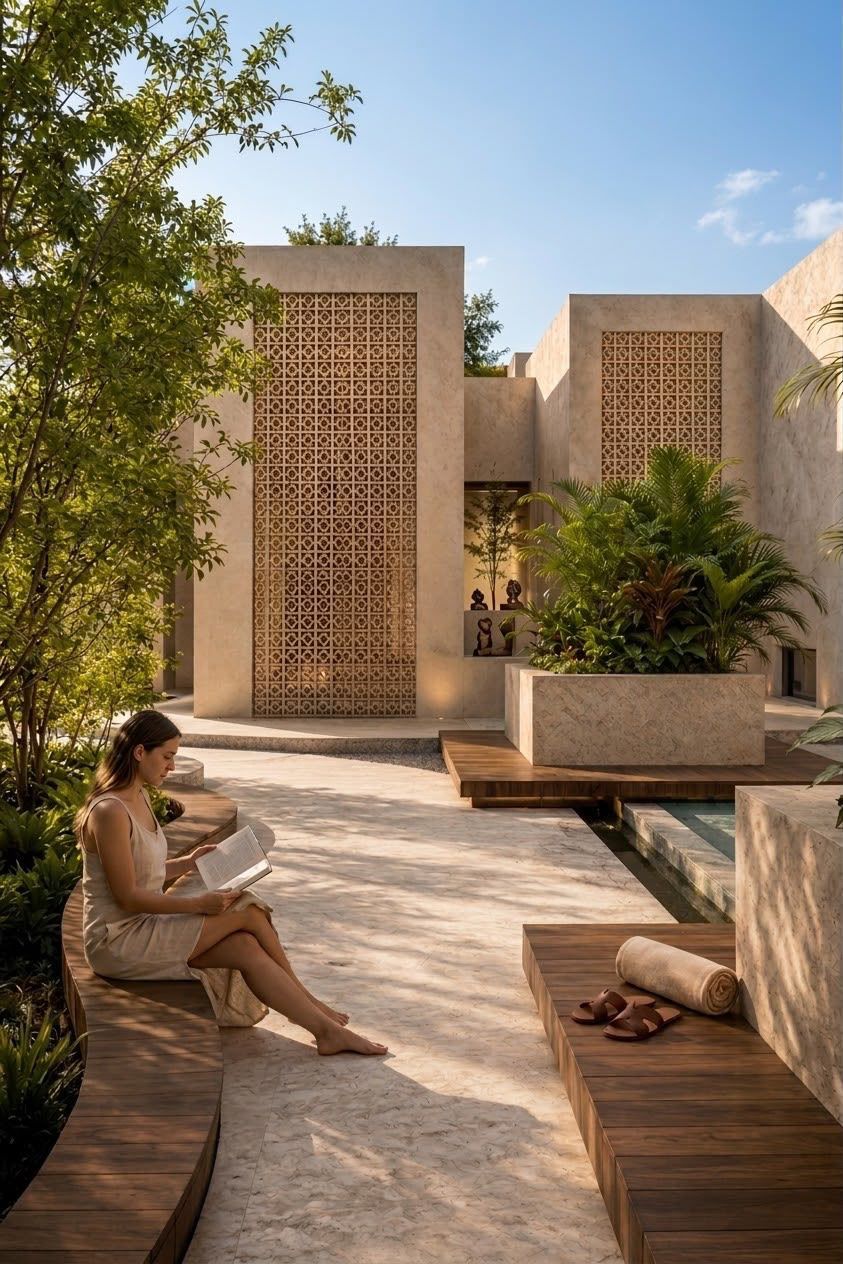 Render de un jardín con celosías de piedra, banca de madera y plantas tropicales